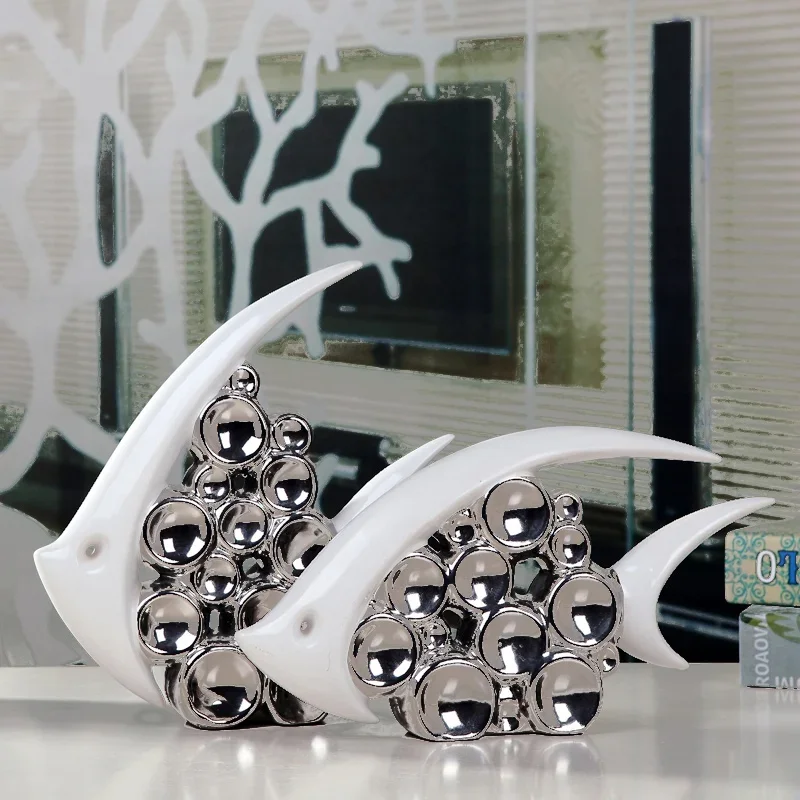 Silver Plated Bouble Couple Fish Vase Modern Europe Ceramic Furnishing Articles Office Home Livingroom Ornament Decoration