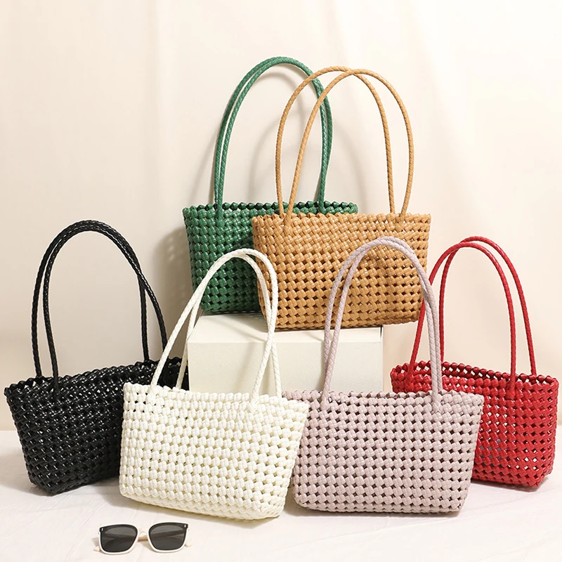 

Solid Color Minimalist Woven Shoulder Bag Pvc Stylish Hollowed-out Handwoven Basket Bag Women's Summer Beach Vacation Handbag