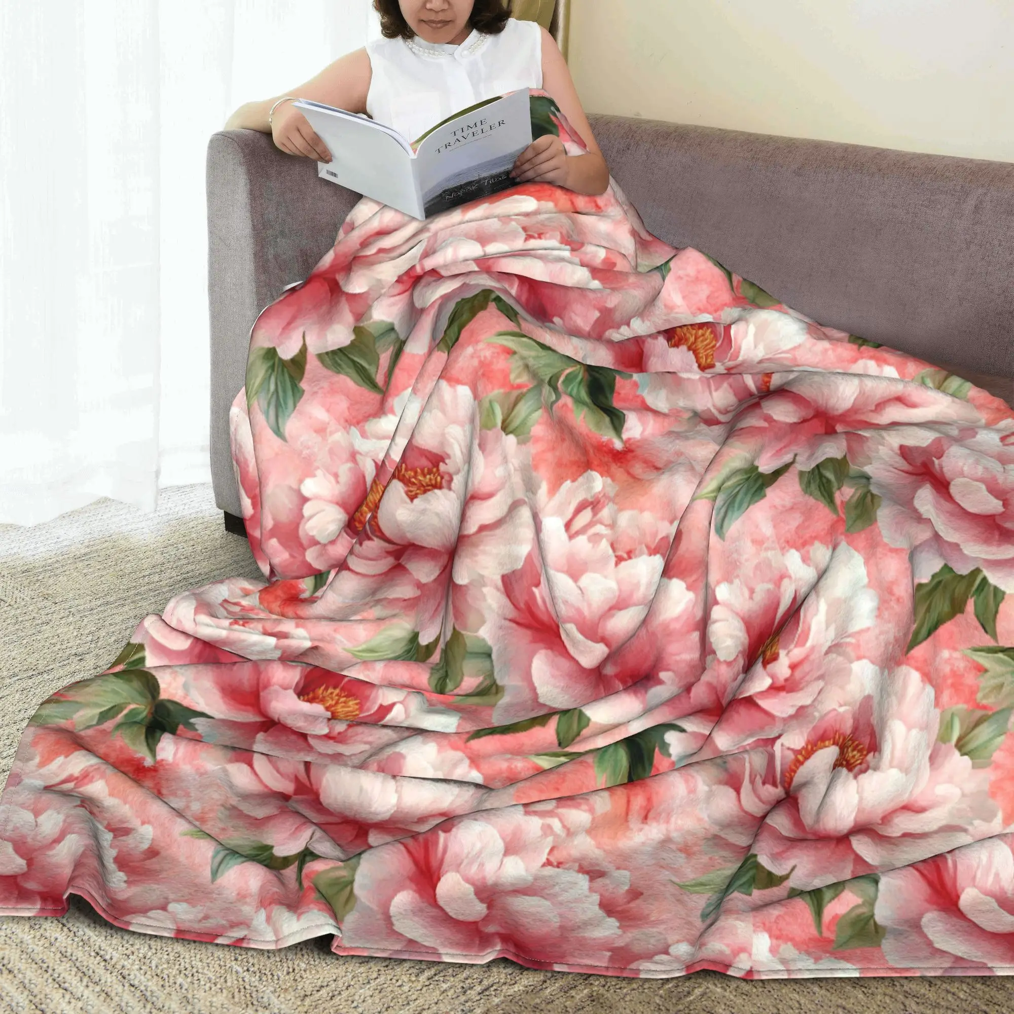 Pink Peonies on Coral Watercolor Background Blanket Fleece Sofa Throw Blanket for Home Bedroom Outdoor Throws Bedspread Quilt