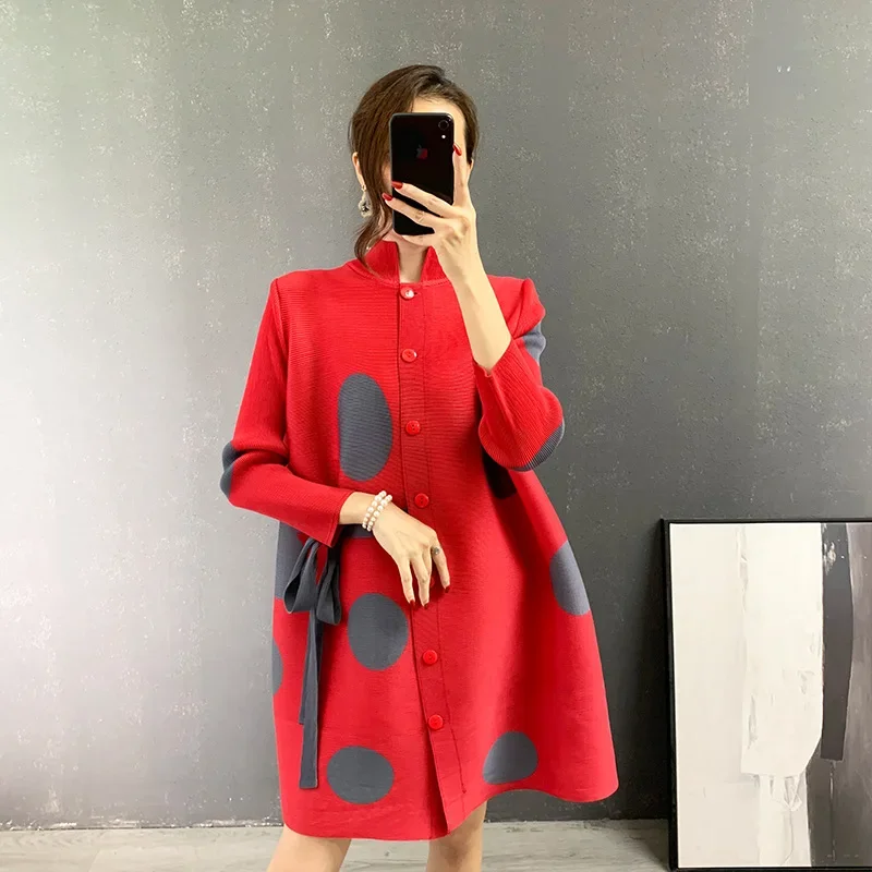 

Miyake Style Pleated Dress for Women 2025 New Polka Dot Printed Lace-up Breasted Stand-up Collar Cardigan Pleated Skirt