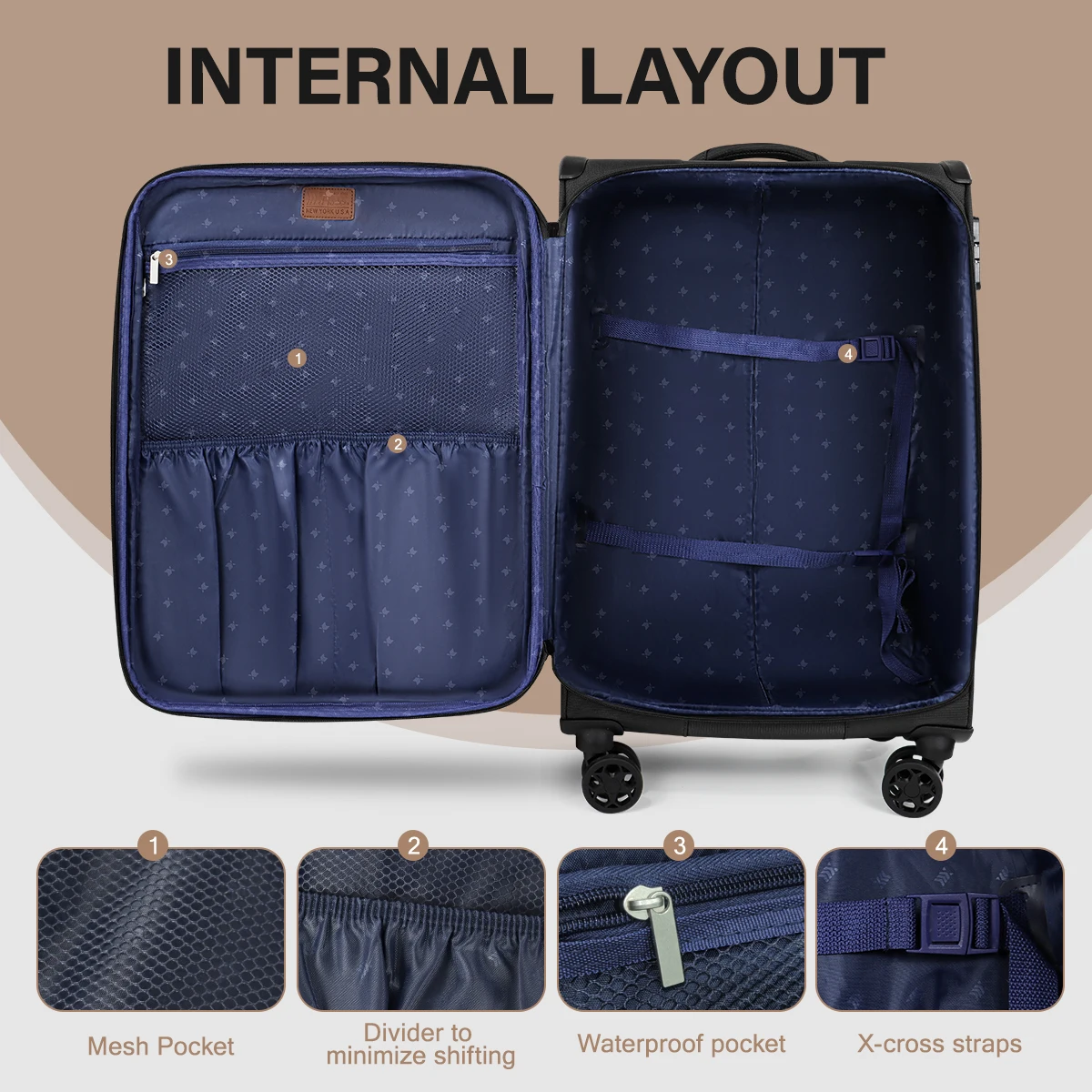 Koper Softside Set 3 Potong Dapat Diperluas dengan Roda Pemintal & Set Bagasi Ringan Softshell Kunci TSA untuk Bepergian