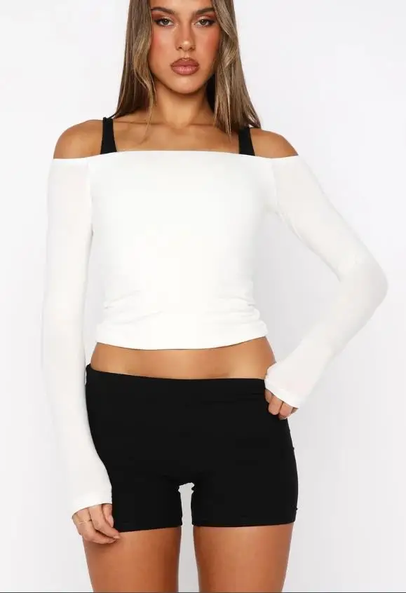 Top da donna con spalle scoperte T-shirt casual slim fit elegante tinta unita a maniche lunghe per l'autunno