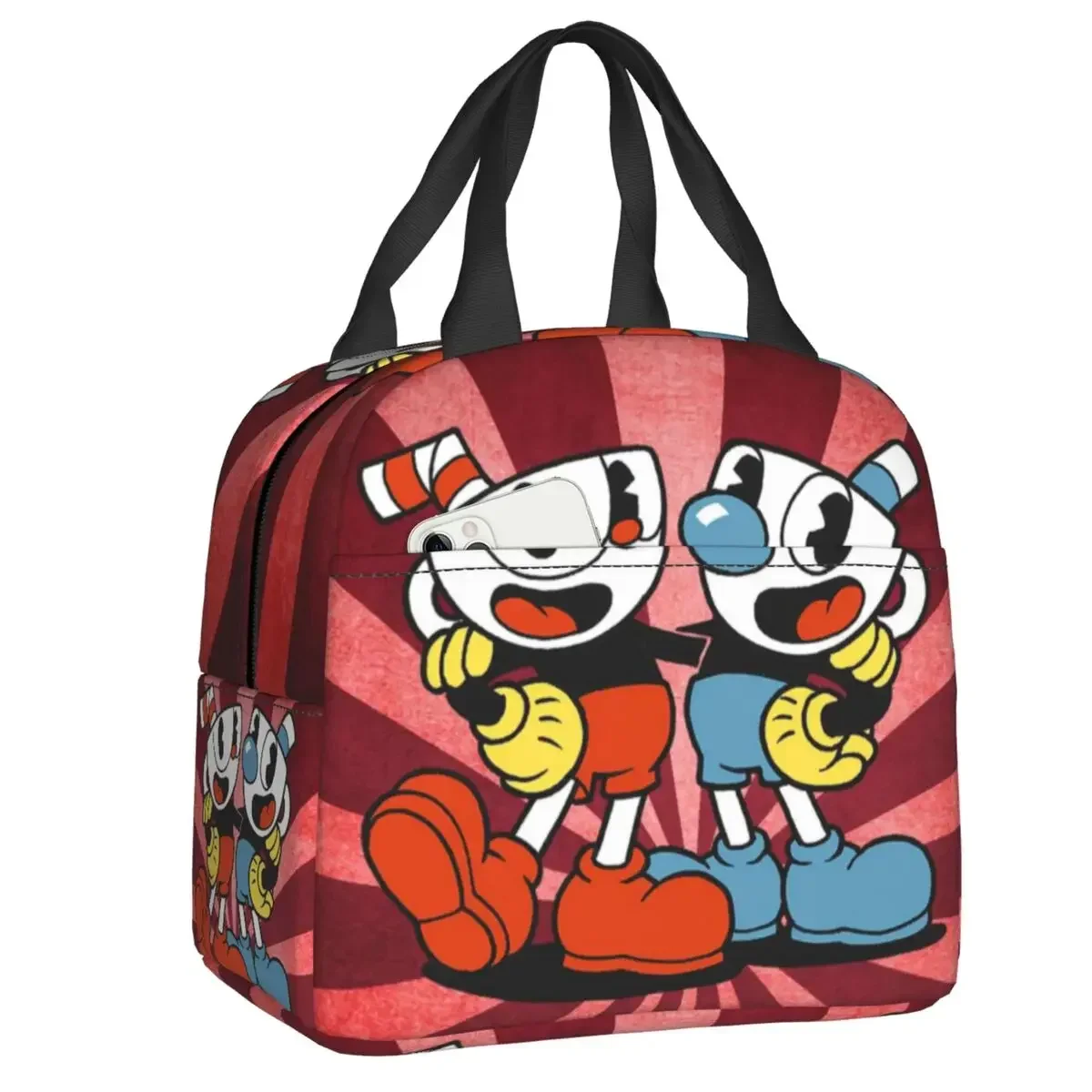 Hot Game Cartoon Cuphead Mugman Lunch Bag Women Cooler Thermal Insulated Lunch Tote Box for Work School Picnic Food Bags