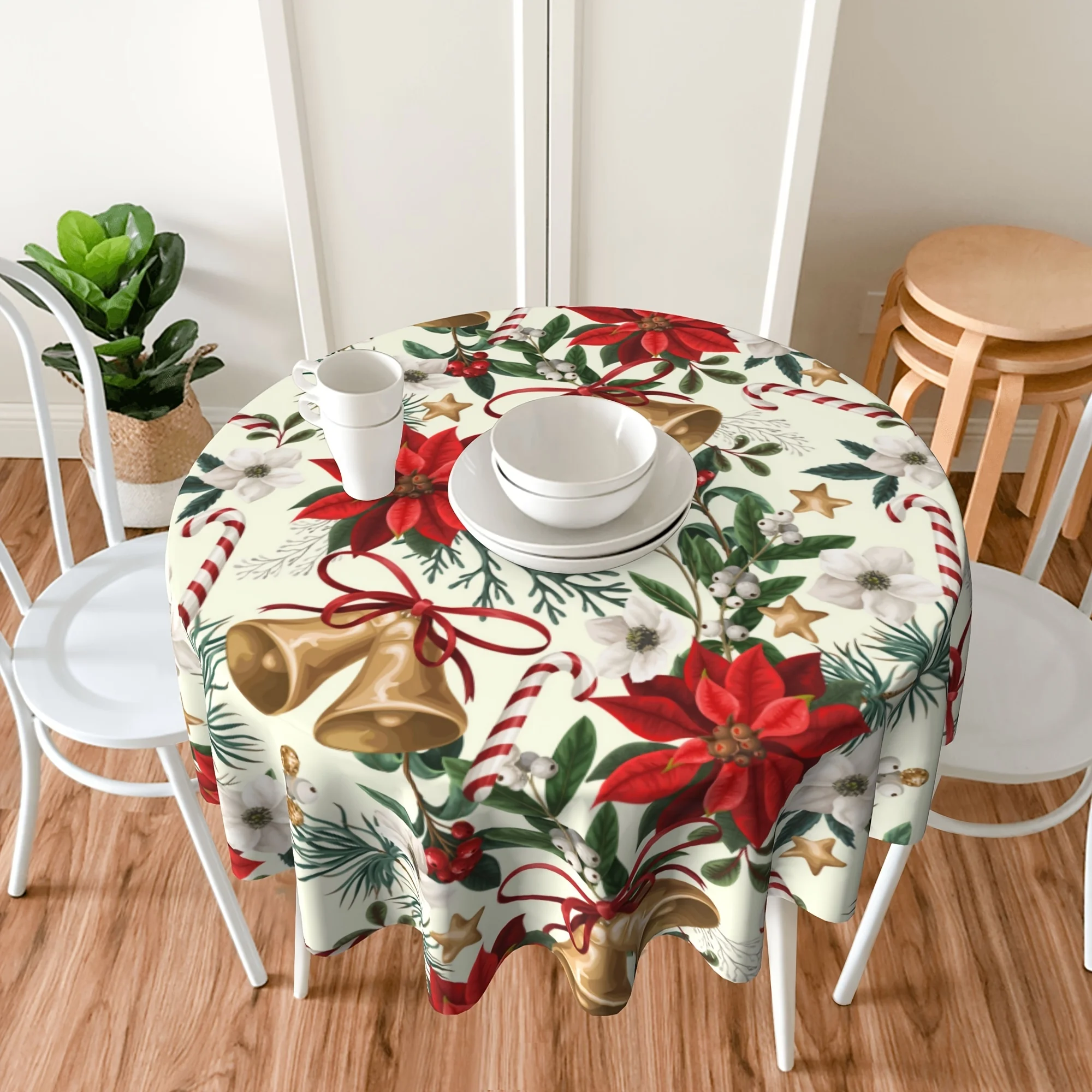 

Christmas Botanical Flowers and Bells Printed Home Kitchen Dustproof Round Tablecloth for Party Tabletop Decoration Accessories