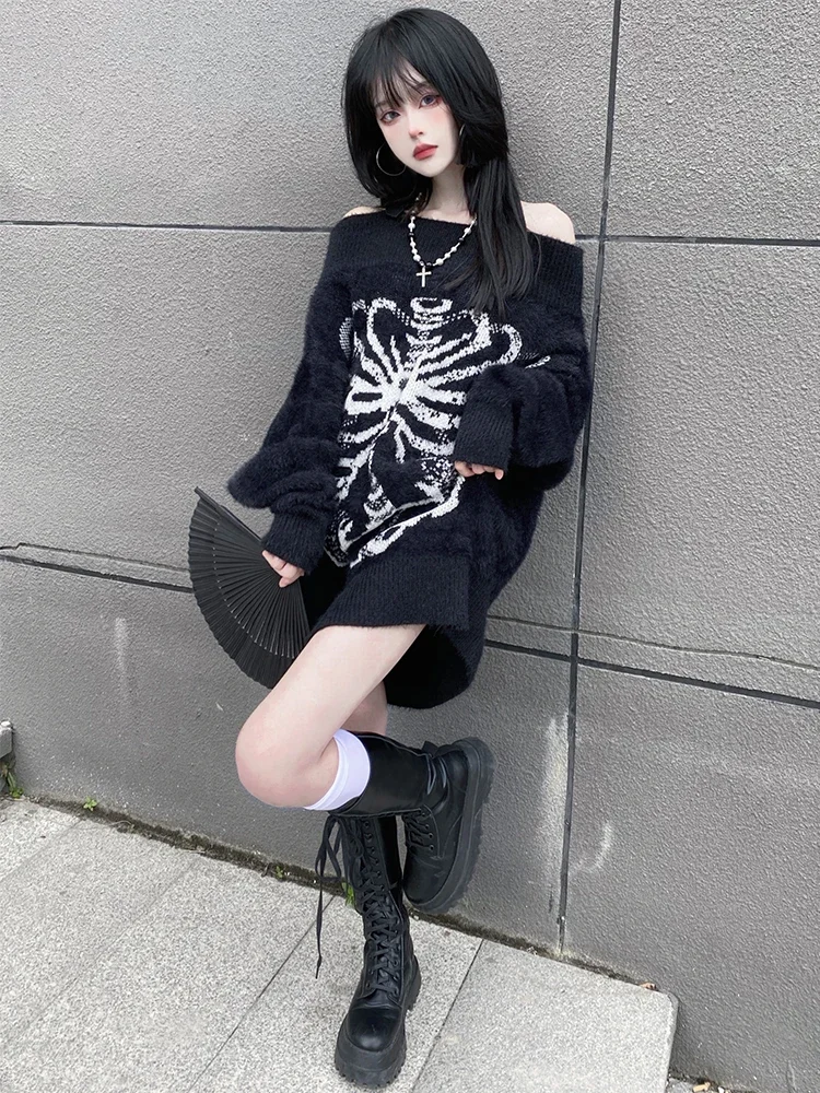 New Autumn Harajuku Gothic Hot Girls Black Bone Print Hip Hop Knitting Long Sleeve Top Fashion Punk Pullover Cool Girl