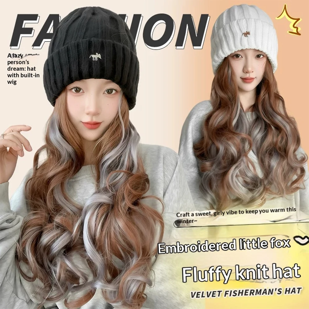 Synthetic Hat Wig Beanies Hat With Hair Wigs Long Wavy Hair Warm Soft Ski Knitted Autumn Winter Cap For Women Christmas New Year