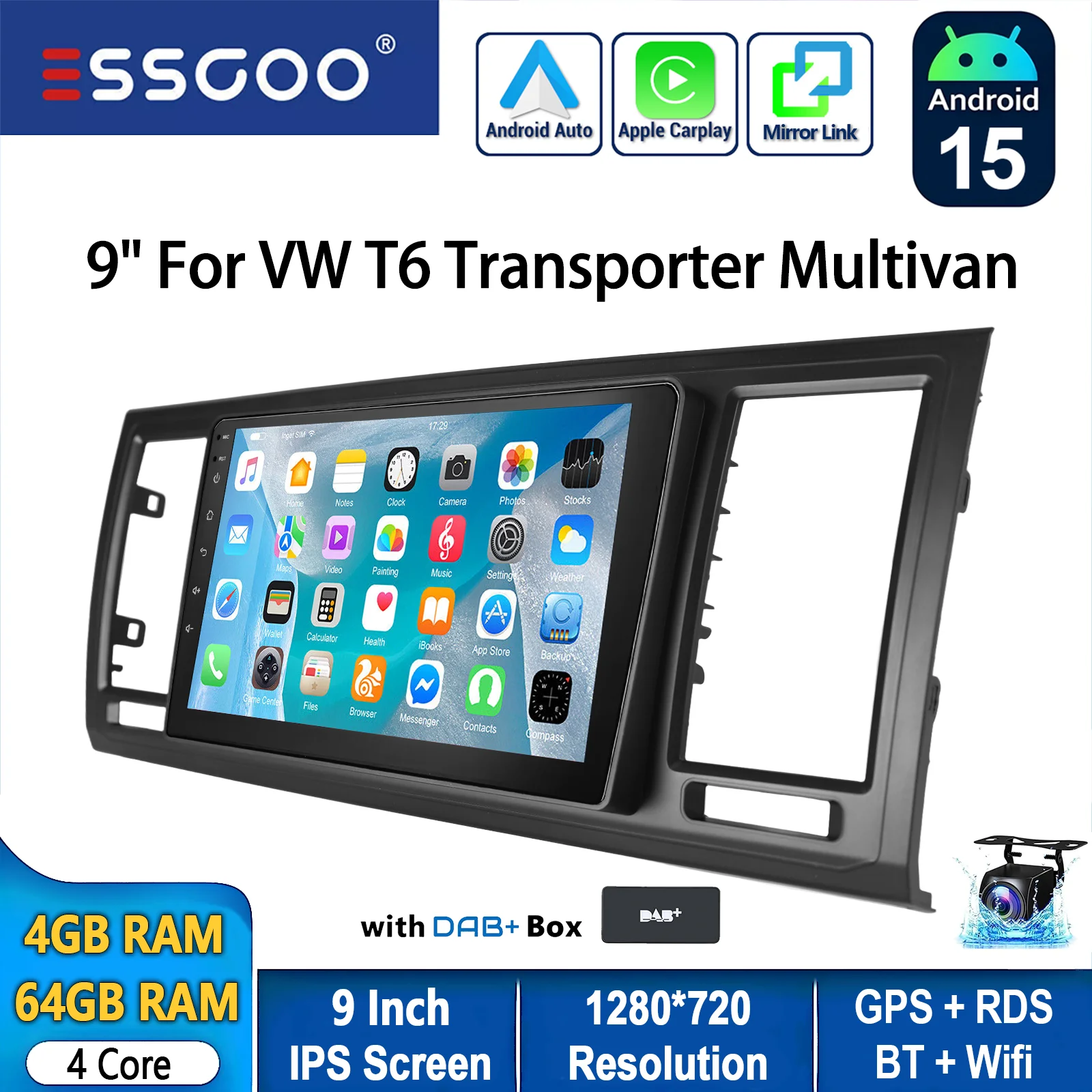 ESSGOO 9 inch 64GB Android 15 draadloze CarPlay autoradio voor VW T6 Transporter Multivan GPS navigatie WIFI BT RDS SWC Mirror Link