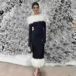 Exquisite Faux Fur Sheath Prom Dresses 2024 Off The Shoulder Long Sleeve Tea-Length Evening Party Gown Black Formal Dresses