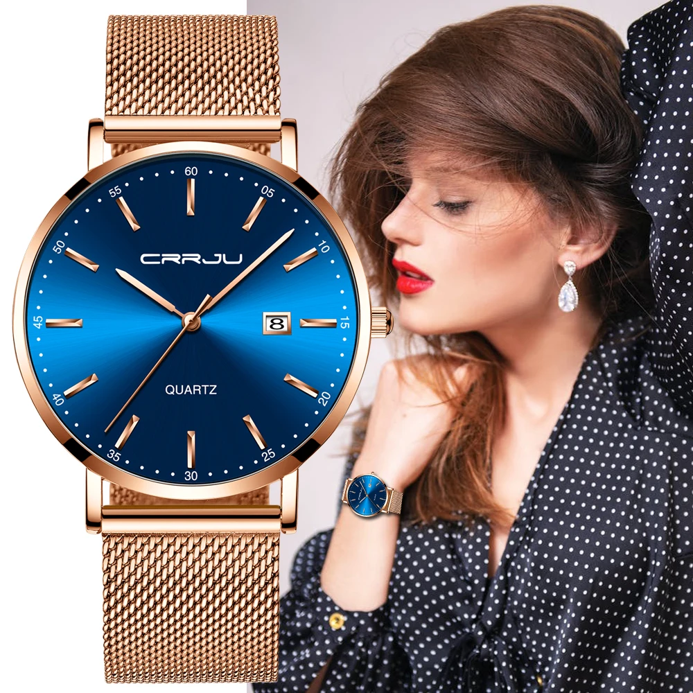 Women Watch CRRJU Fashion Luxury Blue Watch for Women Casual Waterproof Quartz Ladies Stainless Steel Watch relogio feminino