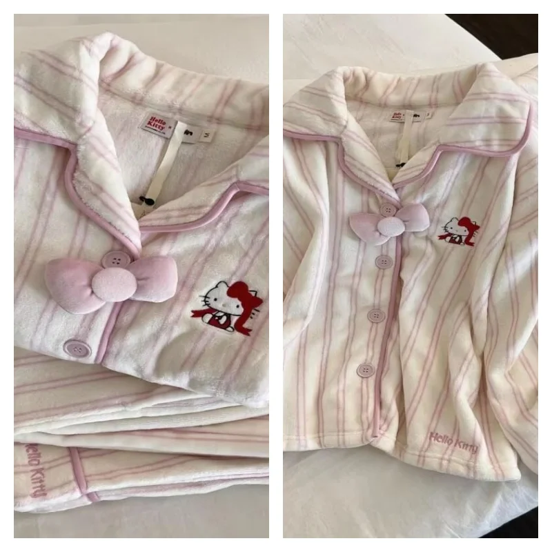 

Autumn Winter Pajamas Women Cute Kitty Homewear Ins Style Long Pants Cozy Loungewear Kawaii Flannel Sweet Stripe Nightwear Set