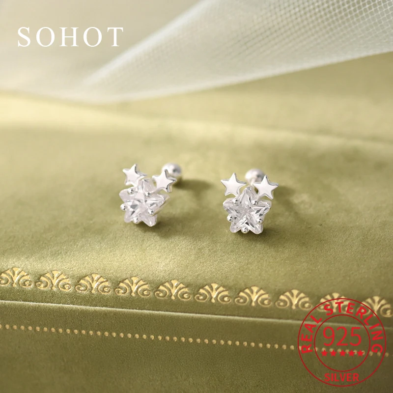 

Real 925 Sterling Silver Sparkling Zircon Star Mini Piercing Screw Bead Stud Earrings for Women Cute Fine Jewelry Accessories