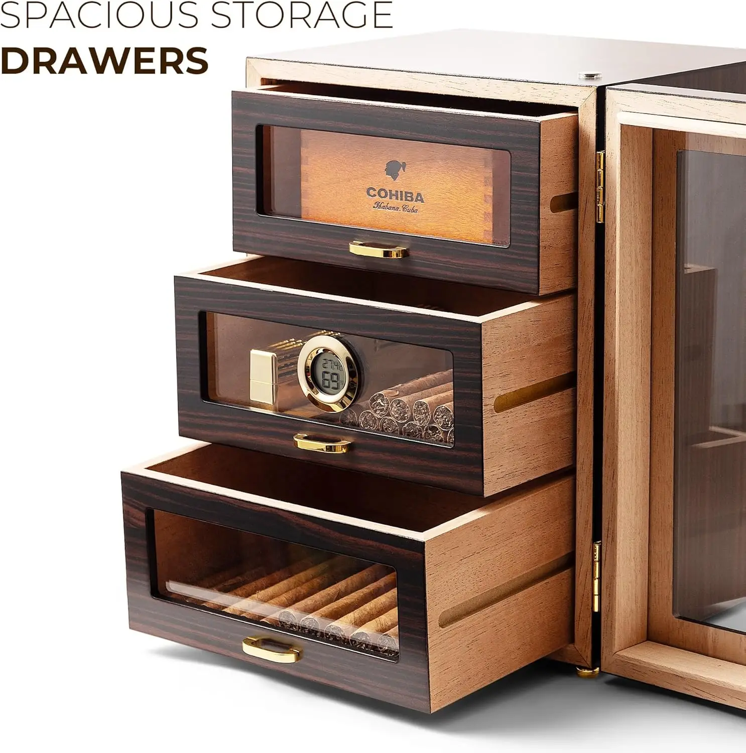 男性用デスクトップシガーヒュミドールキャビネット、LED照明付きで150本収納可能、スペイン杉製引き出しとデジタル湿度計付き