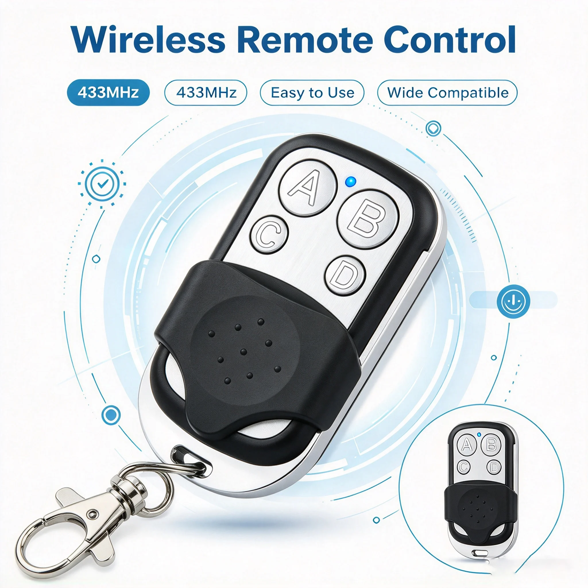433MHz Universal Garage Door Remote Control 4 Buttons Wireless RF Clone Key Fob for Rolling Shutter Gate Security Alarm Keychain