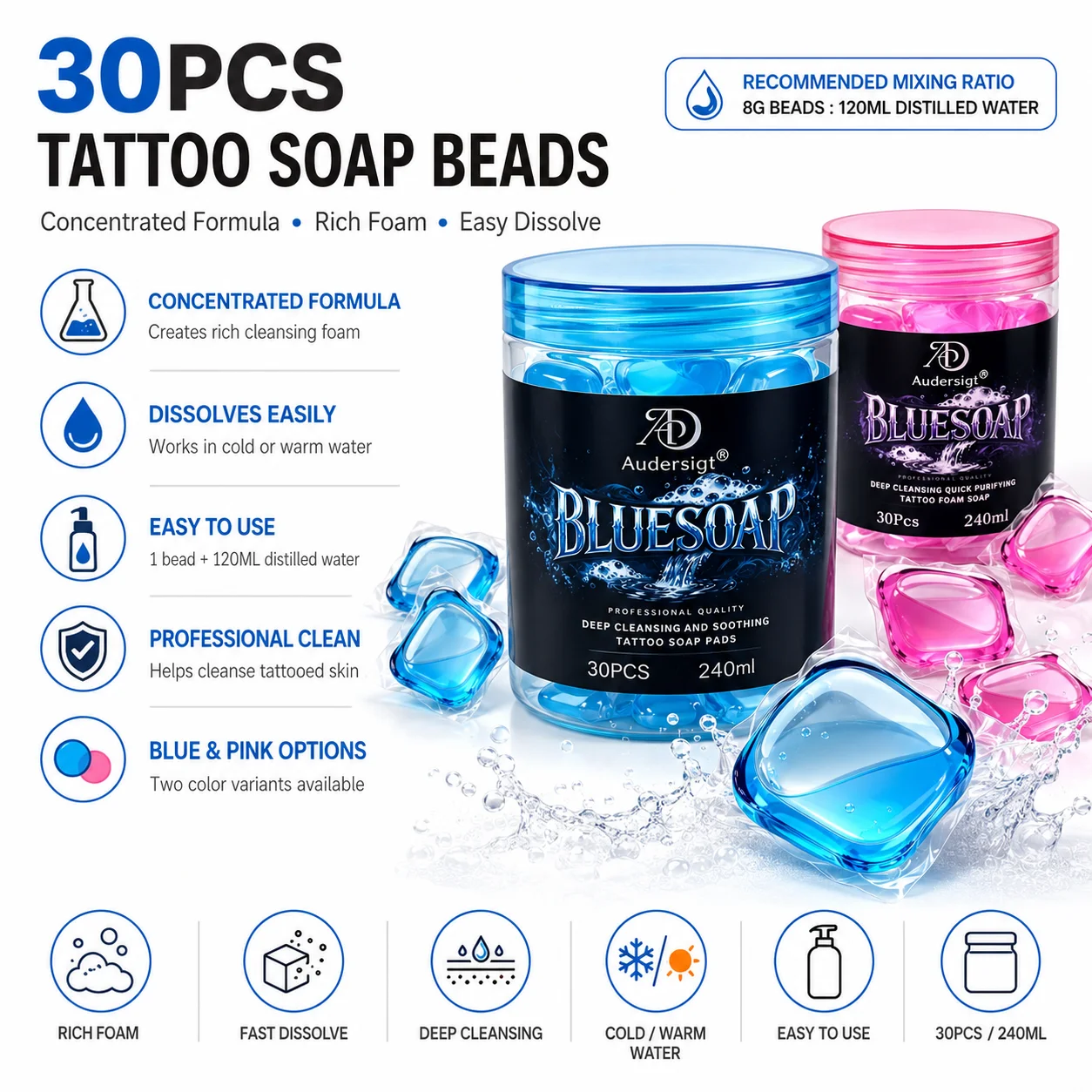 30PCS Tattoo Soap Pacs Pink Blue Concentrated Cleaning Soap for Tattoo Aftercare Mild Cleansing Solution for Tattoo