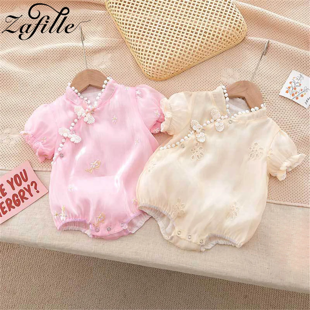 ZAFILLE Chinese Style Baby's Rompers Short Sleeve Cheongsam Bodysuit For Newborns Kids Girl Clothing Party Birthday Baby Costume