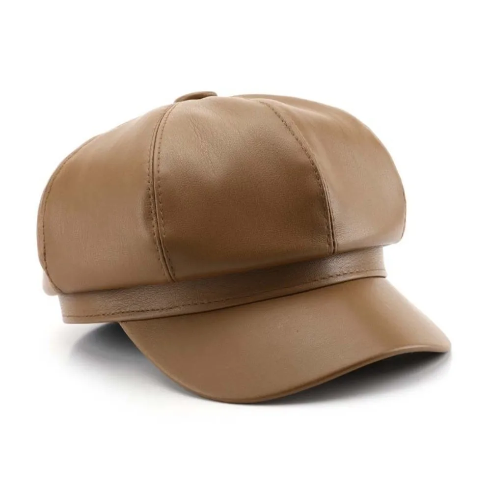 Y2k بلون خمر قبعة بيريه PU البريطانية الدفء الكورية الجلود الرسام قبعة الموضة الرجعية الأسود مثمنة قبعة يوميا