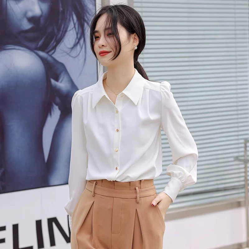 

New Women Spring Autumn Business White Shirt Fashion Turn-down Collar Puff Sleeve Loose Shirt Simplicity Sweet Female Shirt