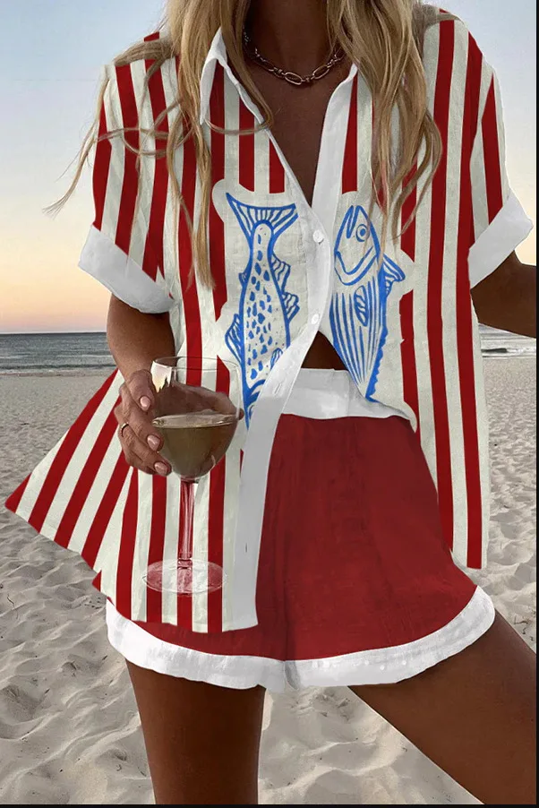 Summer New Print Beach Holiday Set For Women Fashion Short Sleeve Buttoned Shirt Wide Legs Shorts Oversized Two Piece Set
