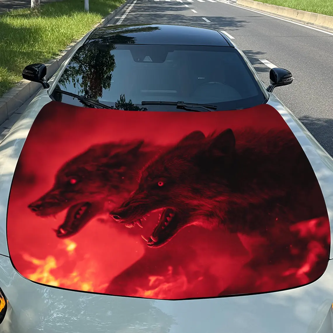 Hell Flame Wolf Vinyl Decal - Universal Fit Paper Material Car Hood Wrap, Automotive Exterior Bonnet Sticker, Vehicle Modificati