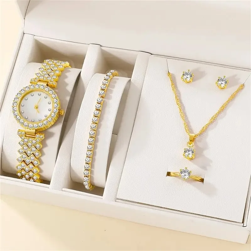 6 Piece Set Luxury Watches Women Rings Necklaces Earrings Rhinestone Fashion Watches Casual Ladies Watch Bracelet Set Clock