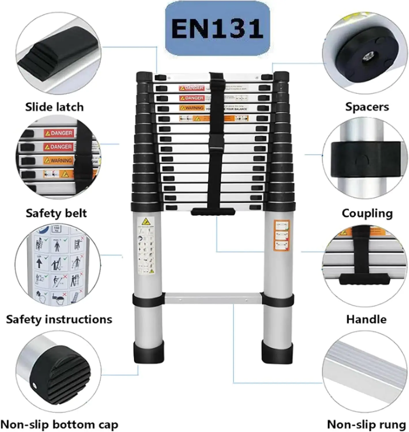 4.4M/14.4FT Multi Purpose Aluminum Telescopic Ladder, Extension Tall Loft Ladder with Non-Slip Feet,EN131 330lb Max Load Ladder