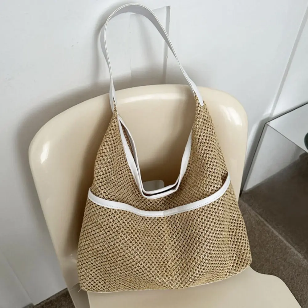 Bolsa de ombro de palha com bolso Bolsa tecida cáqui Bolsa de axilas estilo coreano, grande capacidade para compras, moda