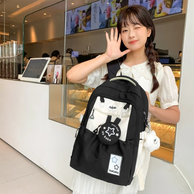 Sweet College Junior High Student Backpack Contrast Color Daypack Teen Girls Waterproof Nylon School Bookbag Travel Rucksack