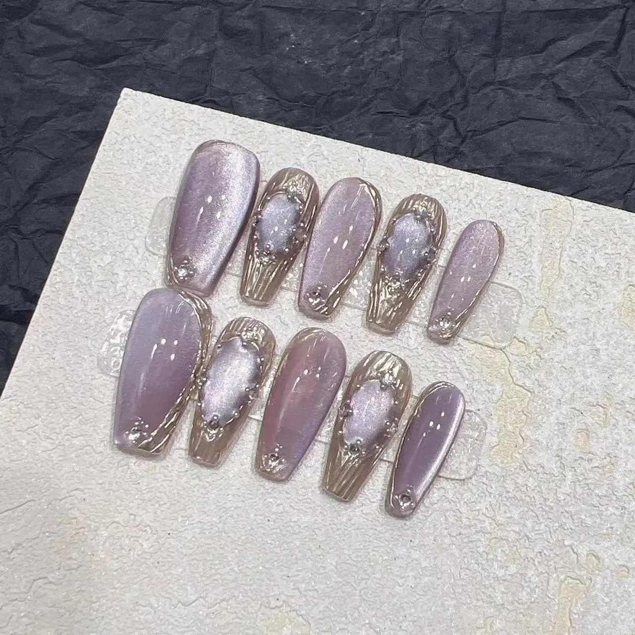 

10pcs Handmade Press on Nails Purple Light Bulb Cat Eye Buchra Magic Mirror Miracle Fake Nail for Women&Girl Removable Nail Art