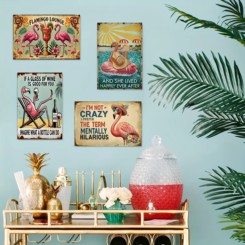 4pcs Vintage Flamingo Lounge Metal Sign Wall Art | Retro Tropical Decor With Humorous Quotes, Durable Metal For Home, Office