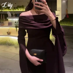 Lily Grape Purple Elegant Prom Dresses Off-Shoulder Long Sleeve Mermaid Evening Gown Satin Floor-Length Ball Gown Customized
