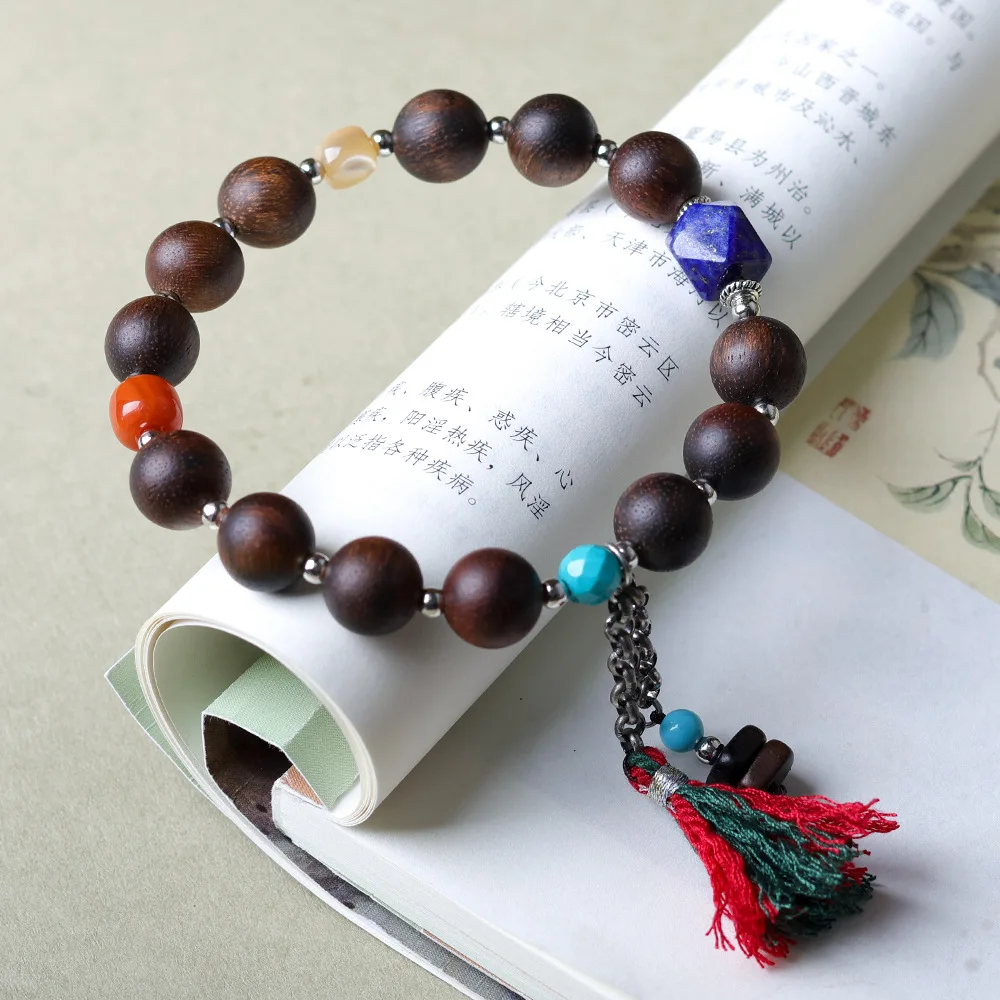 

Original Design Fusen Red Earth Agarwood Bracelet Lapis Lazuli and Sanqi Silver Chinese-Style Bead Bracelet