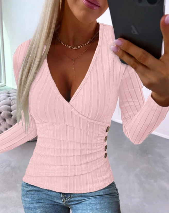 Elegant Autumn Clothes for Women Solid Color V-Neck Knitted Thread Top Button Design Pleated Pit Stripe Sweater Long Sleeved Top