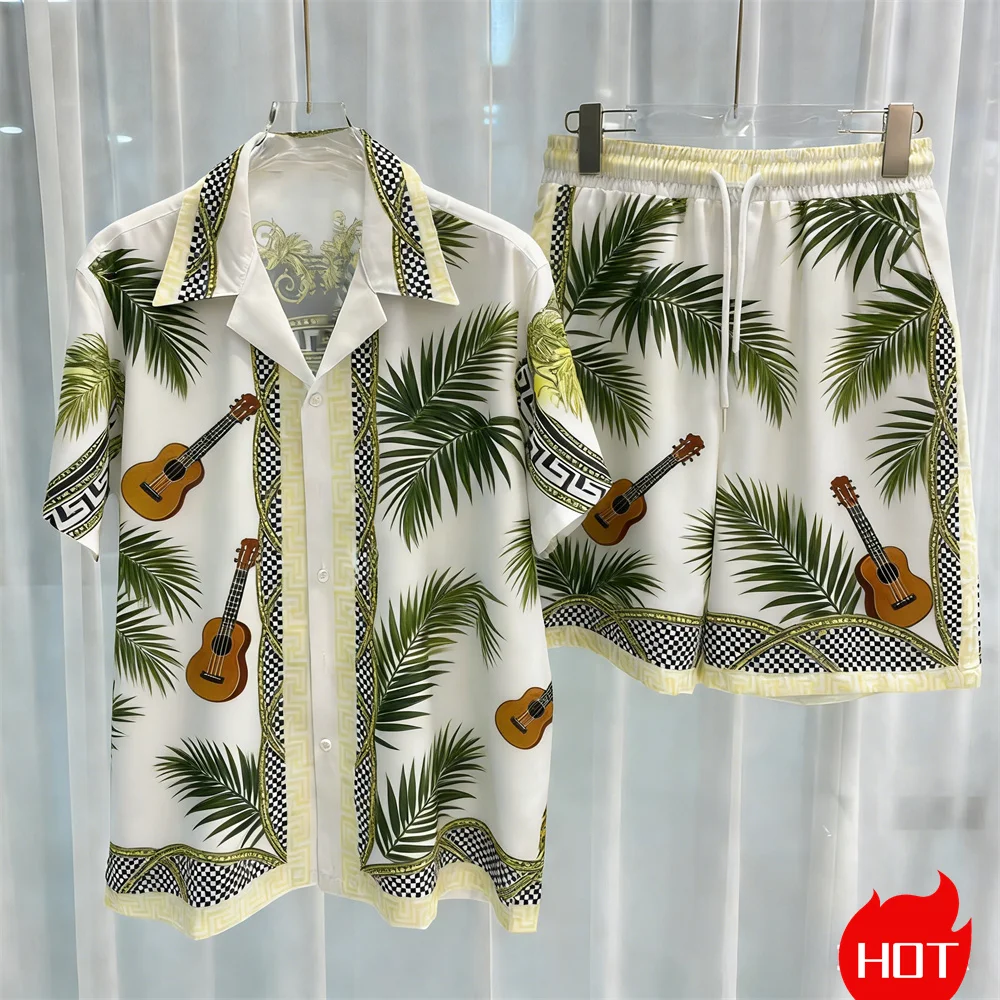 Ensemble chemise et short pour homme, motif végétal, en polyester, style hawaïen, idéal pour les vacances et les loisirs