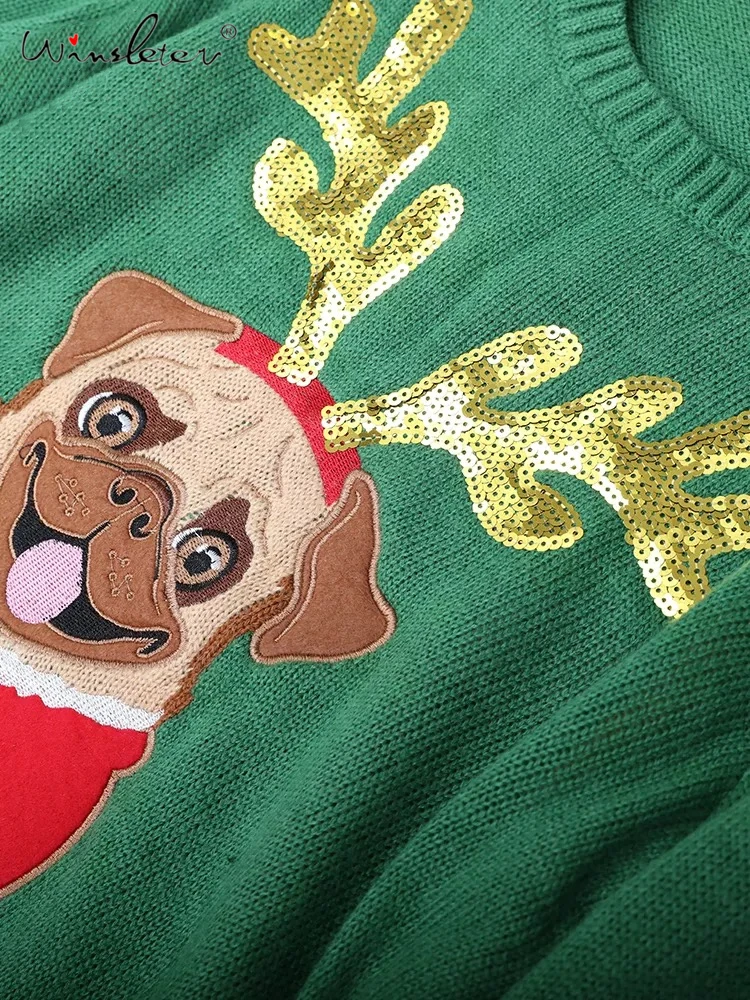 Ugly Sweater Christmas Sweater Women Green Pug Dog Embroidery Sequins Long Sleeve Pullover Knitted Jumper Tops M99591