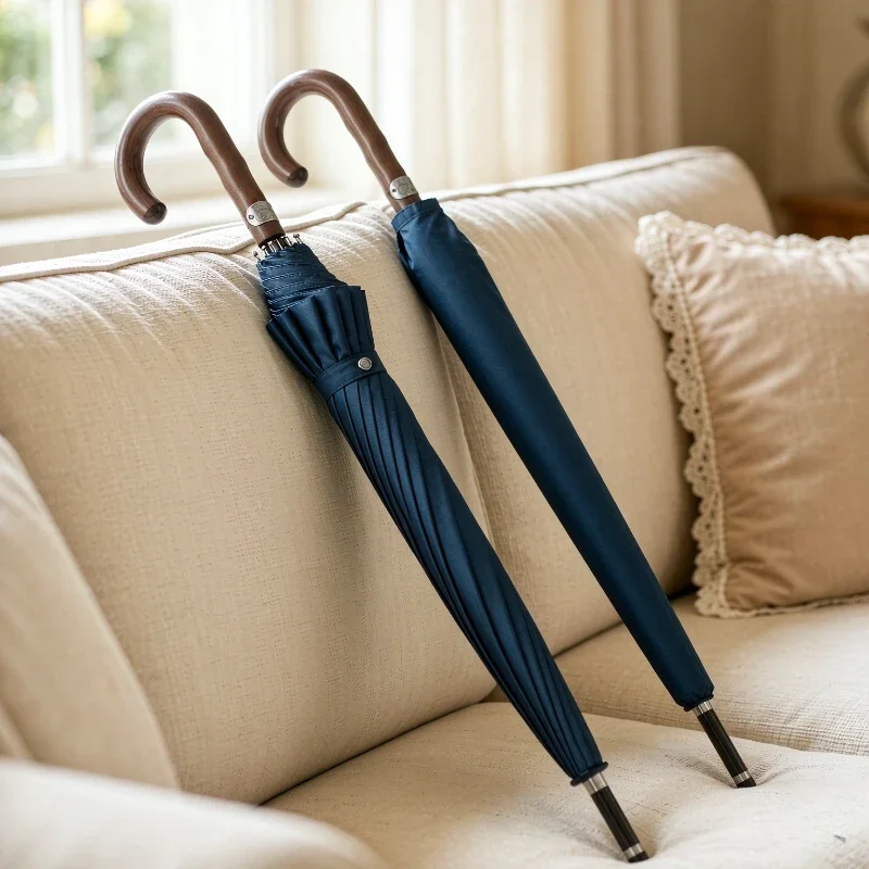 12-Bone Reinforced Long Handle Umbrella Wind Resistant Smoked Wood Curved Handle Large Double Canopy for Men Outdoor Use 장우산