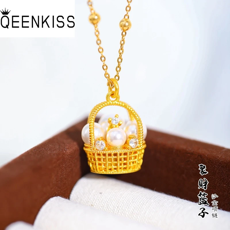 

QEENKISS 24KT Gold Flower Basket Necklace Pendants For Women Wedding Party Birthday Christmas Bride Mother Girl Lady Gift PT5219