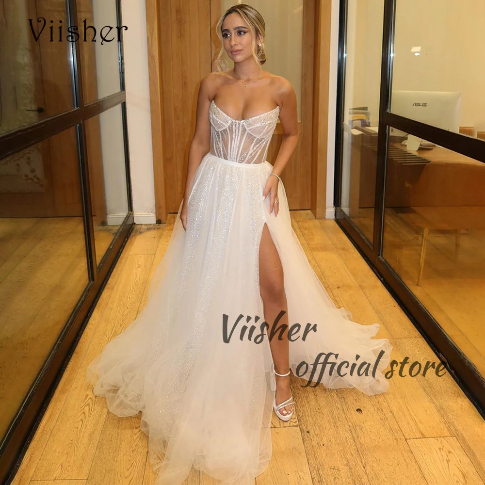 Viisher Sparkly White Tulle Wedding Dresses for Bride Beads Corset Sweetheart Bridal Gowns Israel Beach A Line Bride Dress