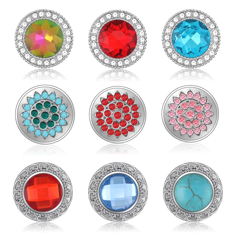 New Beauty Colorful Rhinestone Round style Flower 18MM snap buttons fit DIY snap bracelet jewelry wholesale