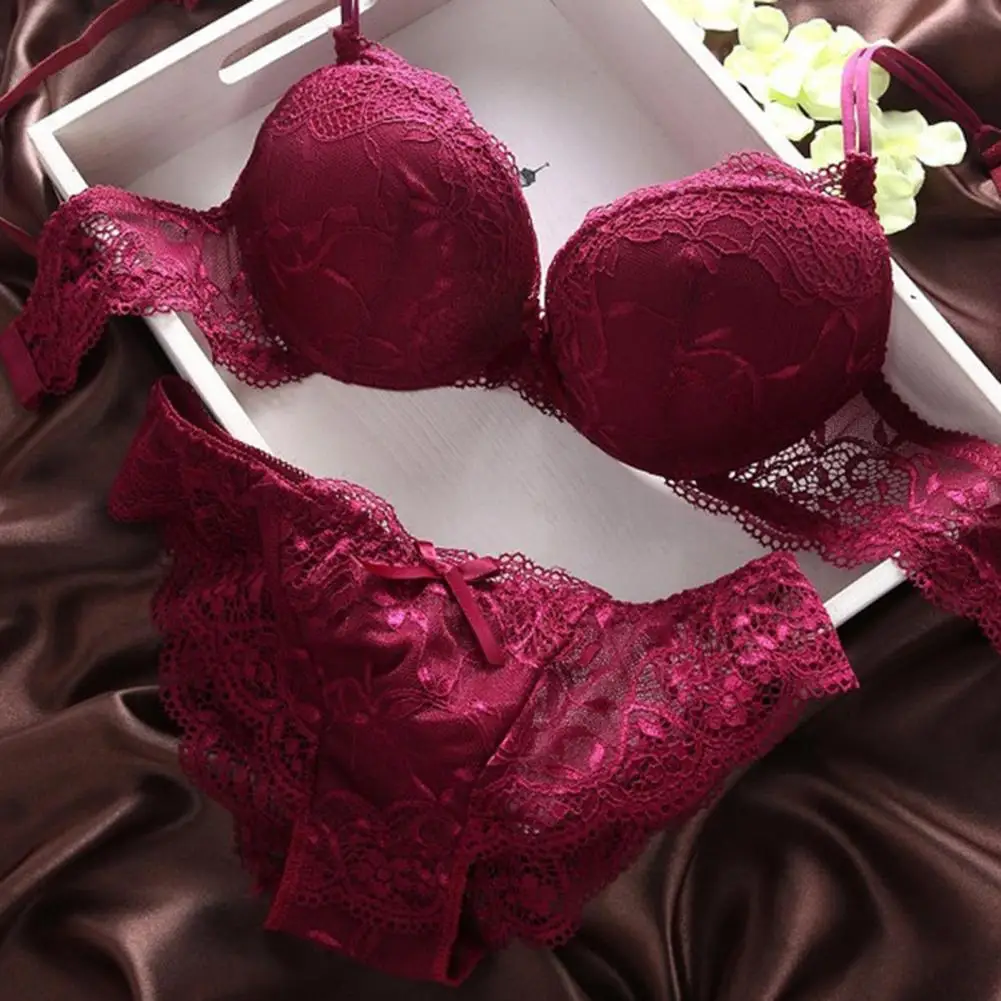 2 Pcs/Set Women Underwear Set Bra Panties Set Lace Push Up Elastic Deep V Neck Soft Padded With Wire Bow-knot Back Closure