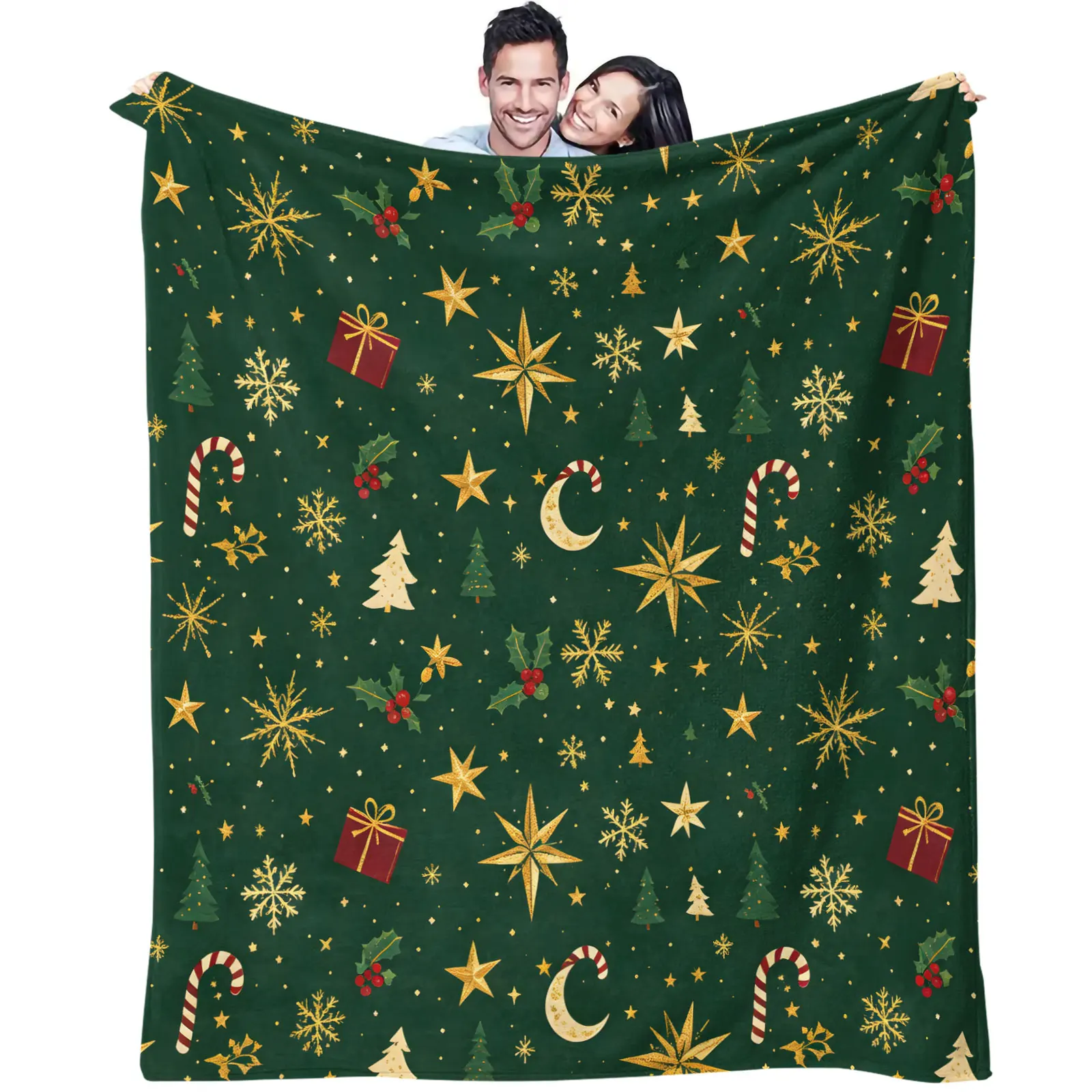 Christmas Flannel Throw Blanket Green Background Golden Star Snowflake Xmas Tree Gift Box Candy Cane Print Soft Plush Blanket