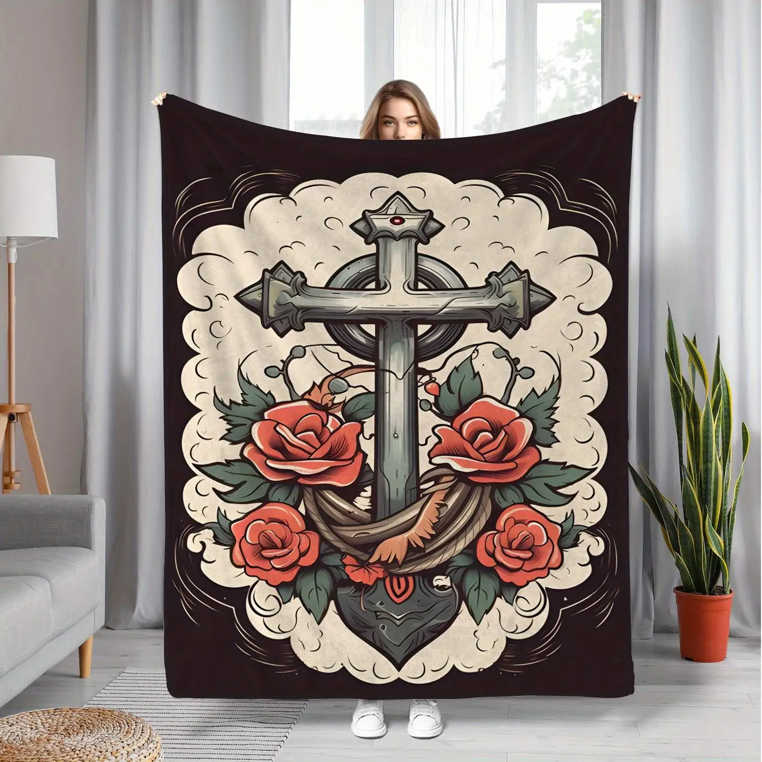 Heavyweight Flannel Throw Blanket with Ornate Cross & Red Roses Religious Design - Soft Polyester All-Season Luxury Bedsp