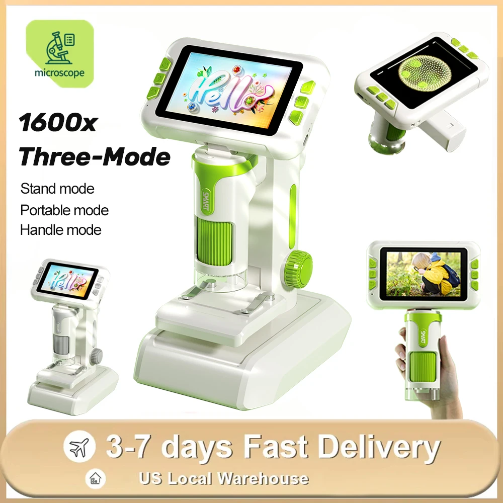 กล้องจุลทรรศน์ 1600x พร้อมหน้าจอ 3.97 นิ้ว กล้องจุลทรรศน์ขนาดเล็กแบบพกพาสำหรับเด็ก กล้องจุลทรรศน์วิทยาศาสตร์ ของขวัญวันเกิดสำหรับเด็ก