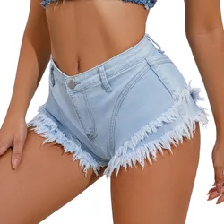 2023 New Sky blue Women Sexy Distressed Ripped High Waist Tassel Denim Jeans Shorts S-xl