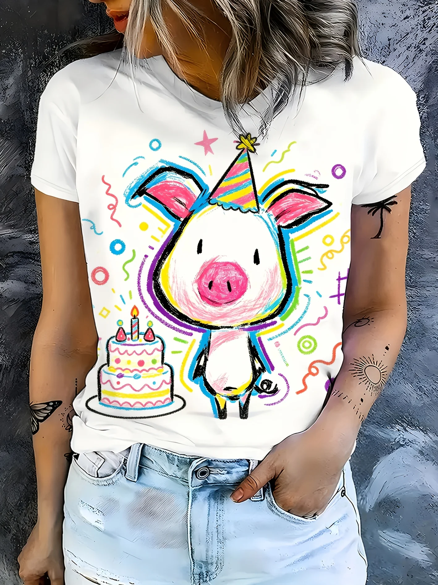 Women T‑shirt Short Sleeve Birthday Pig With Cake Party Doodle Graphic Print O‑neck Casual Daily Summer Fashion Tee Top