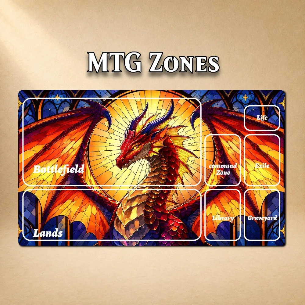 Dragon MTG Playmat, Stained Glass TCG Gaming Mat in Red and Gold , Size Options alfombrillas para escritorio tapis de souris