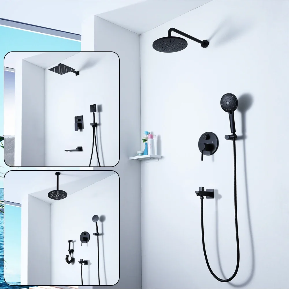 

wall mounted bathroom shower concealed hot and cold control valve black shower faucet set