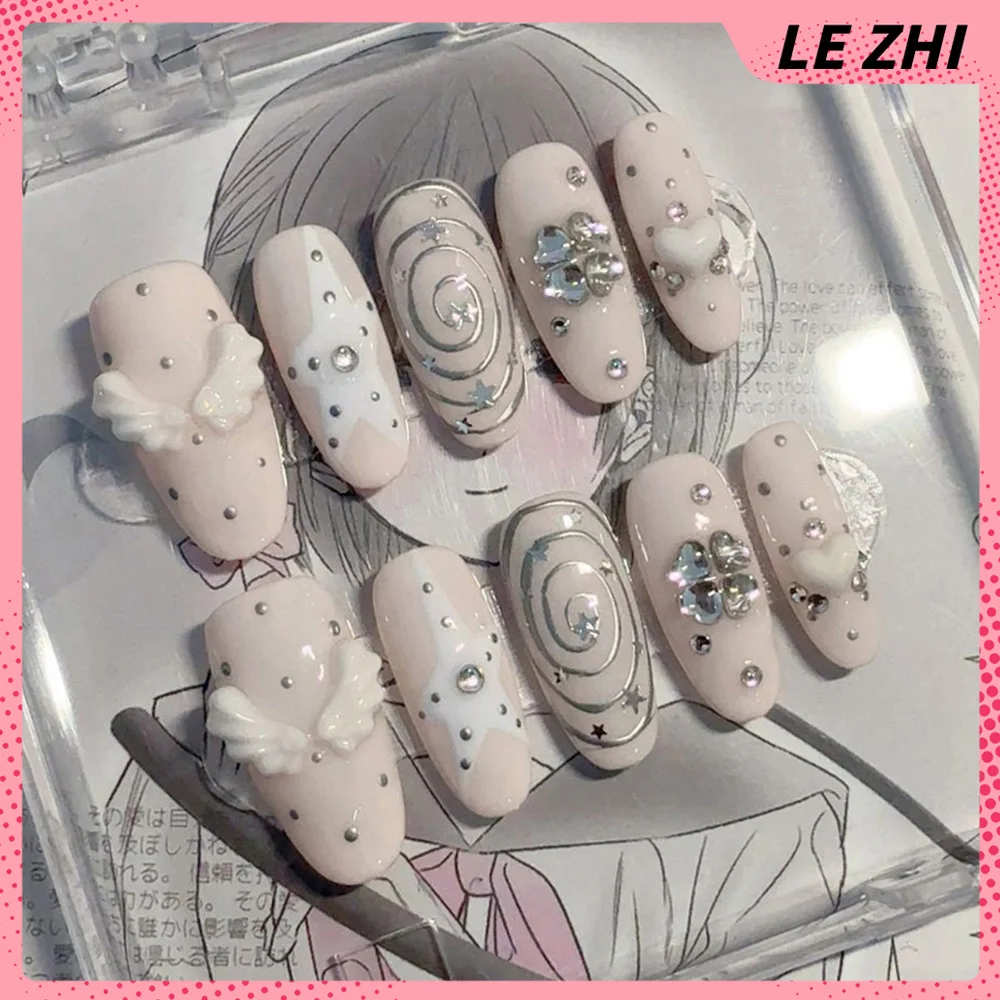 Y2K High Quality Summer Wave Point Note Handmade Press On Nail 3D Wings Star Flower Sweet Style Fake Nail Birthday Gifts