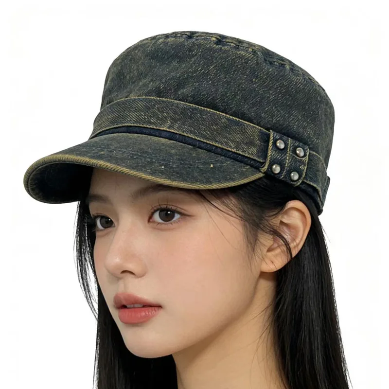 New High Quality Retro Rivet Washed Denim Visor Cap for Women, Casual Jockey Navy Hat Trendy
