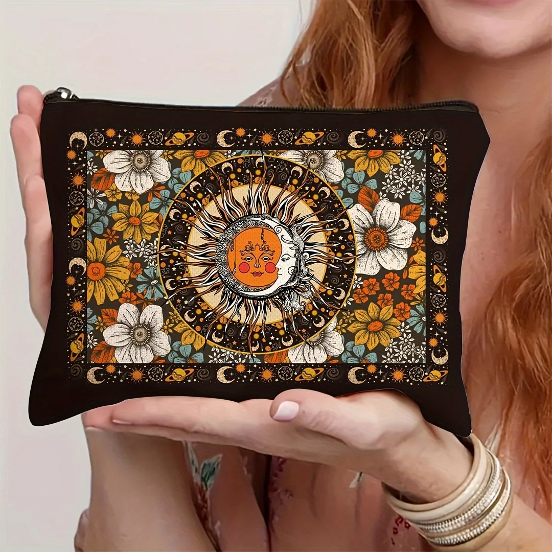 Hippie Makeup Bag Design Bohemian Sun & Moon Makeup Bag  Hippie Flower Travel Organizer for Cosmetics Bag Camping Trailer Decor