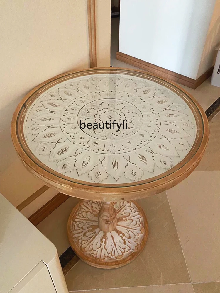 French Retro Distressed Style Solid Wood Tea Table Leisure B & B Balcony Carved Small round Table Middle Ancient Sofa Side Table